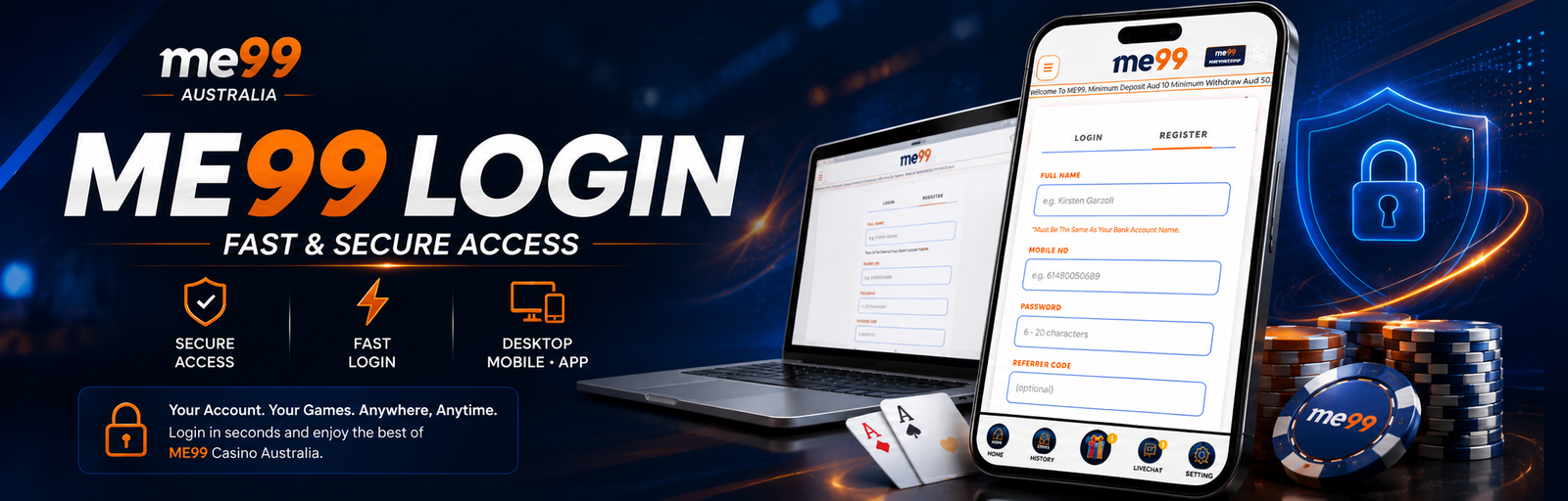 ME99 login page featuring fast and secure access across desktop, mobile, and app